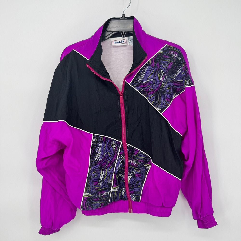 Reebok Women's Purple Black Geometric Track Suit Windbreaker Size M Vintage